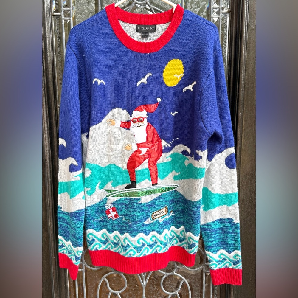 Blizzard Bay Surfing Santa Men’s Ugly Christmas Sweater size Large